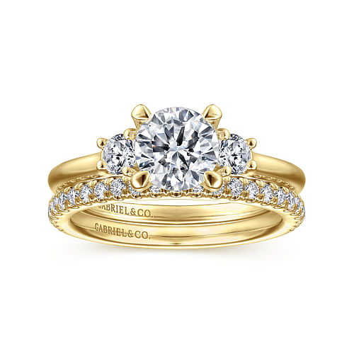 14K Yellow Gold Round Three Stone Diamond Engagement Ring