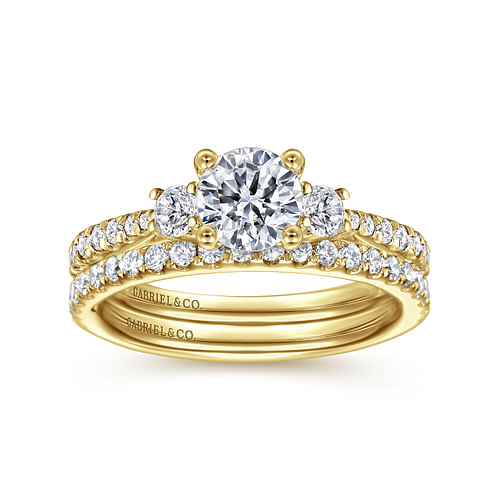 14K Yellow Gold Round Three Stone Diamond Engagement Ring