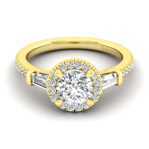 14K Yellow Gold Round Three Stone Halo Diamond Channel Set Engagement Ring