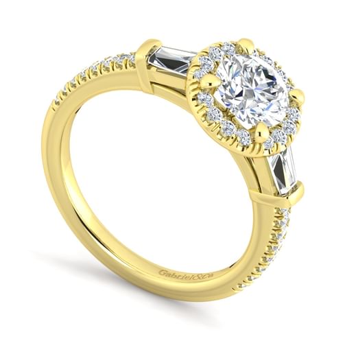 14K Yellow Gold Round Three Stone Halo Diamond Channel Set Engagement Ring