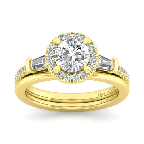 14K Yellow Gold Round Three Stone Halo Diamond Channel Set Engagement Ring