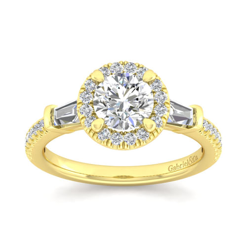 14K Yellow Gold Round Three Stone Halo Diamond Channel Set Engagement Ring