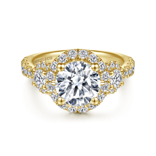 14K Yellow Gold Round Three Stone Halo Diamond Engagement Ring