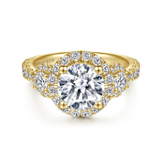 Gabriel - 14K Yellow Gold Round Three Stone Halo Diamond Engagement Ring