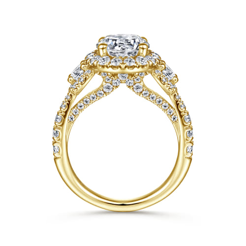 14K Yellow Gold Round Three Stone Halo Diamond Engagement Ring