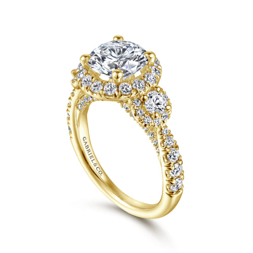 14K Yellow Gold Round Three Stone Halo Diamond Engagement Ring