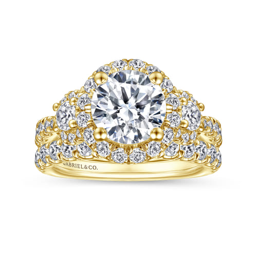 14K Yellow Gold Round Three Stone Halo Diamond Engagement Ring