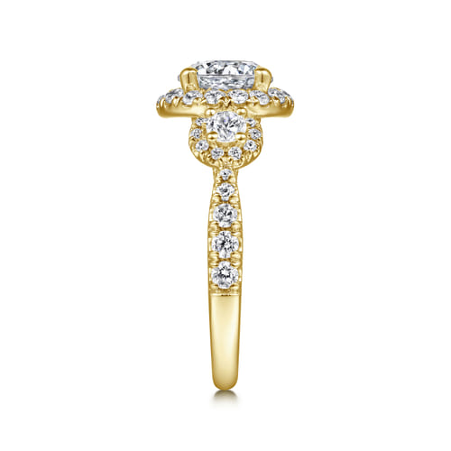 14K Yellow Gold Round Three Stone Halo Diamond Engagement Ring