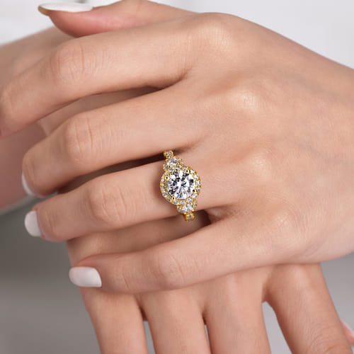 14K Yellow Gold Round Three Stone Halo Diamond Engagement Ring
