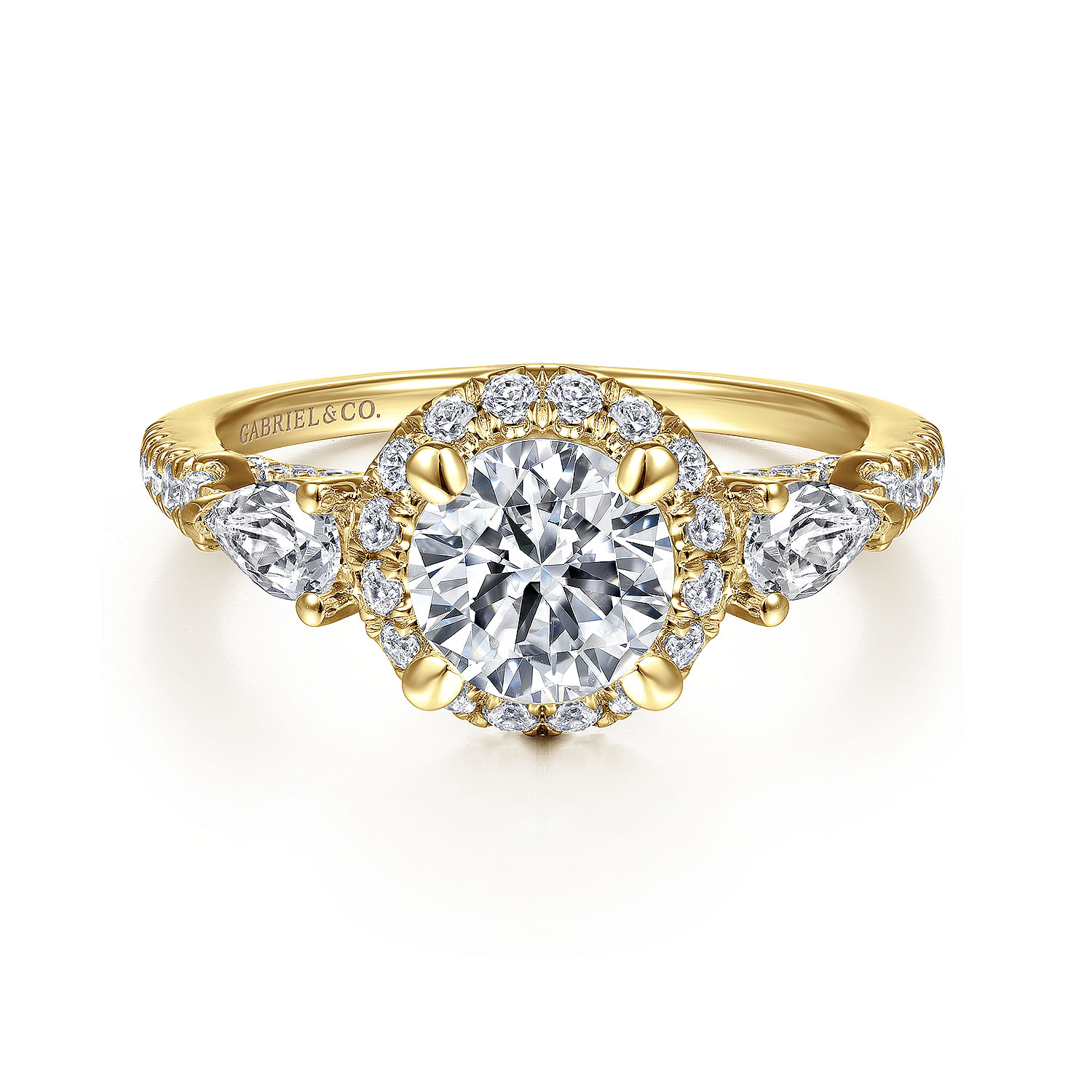 Gabriel - 14K Yellow Gold Round Three Stone Halo Diamond Engagement Ring
