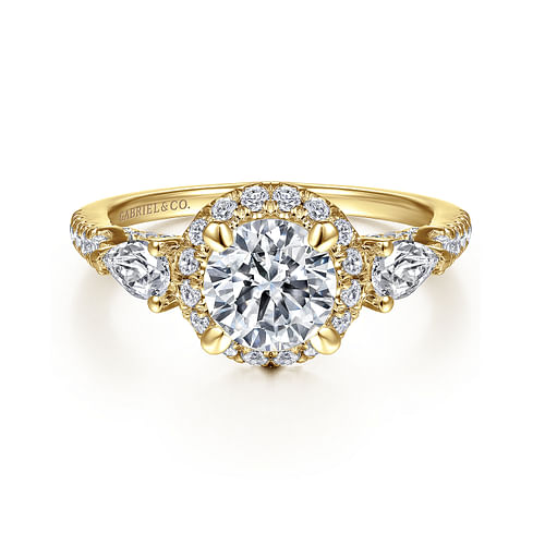 14K Yellow Gold Round Three Stone Halo Diamond Engagement Ring