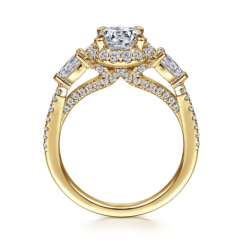 14K Yellow Gold Round Three Stone Halo Diamond Engagement Ring