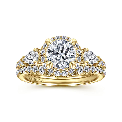 14K Yellow Gold Round Three Stone Halo Diamond Engagement Ring