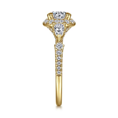 14K Yellow Gold Round Three Stone Halo Diamond Engagement Ring