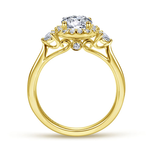 14K Yellow Gold Round Three Stone Halo Diamond Engagement Ring