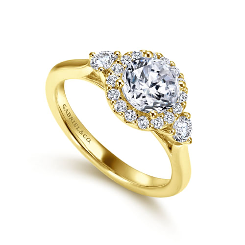 14K Yellow Gold Round Three Stone Halo Diamond Engagement Ring