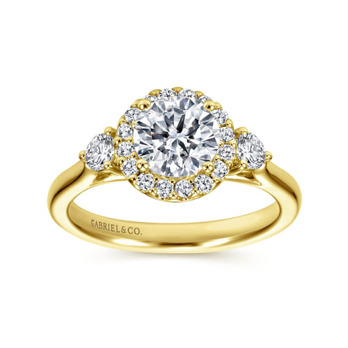 14K Yellow Gold Round Three Stone Halo Diamond Engagement Ring