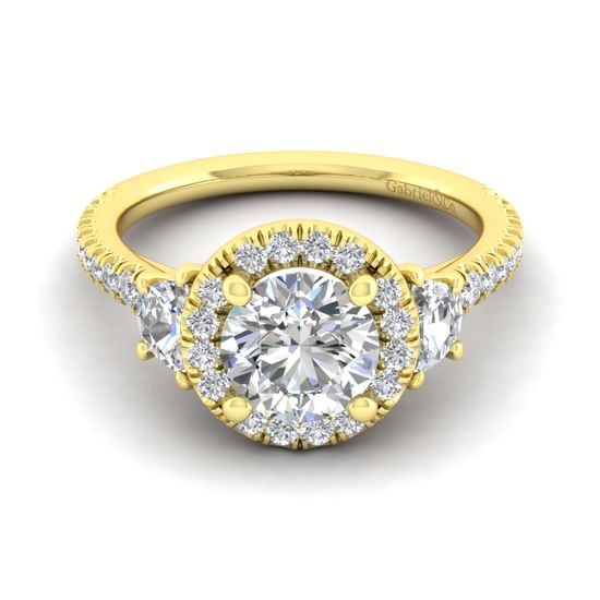 Gabriel - 14K Yellow Gold Round Three Stone Halo Diamond Engagement Ring