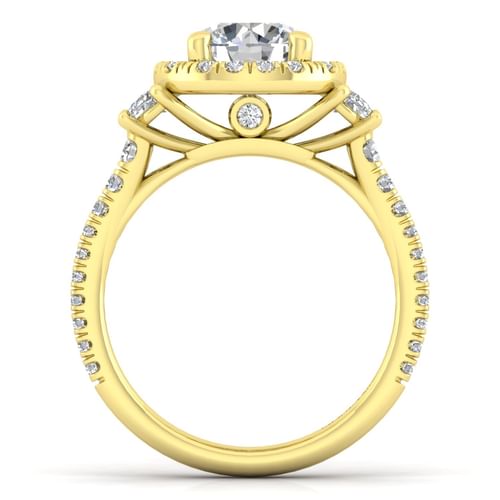 14K Yellow Gold Round Three Stone Halo Diamond Engagement Ring