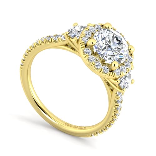 14K Yellow Gold Round Three Stone Halo Diamond Engagement Ring