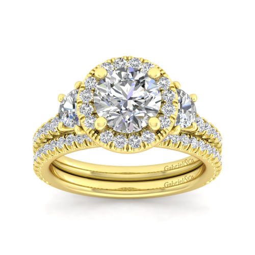 14K Yellow Gold Round Three Stone Halo Diamond Engagement Ring