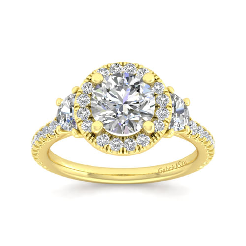 14K Yellow Gold Round Three Stone Halo Diamond Engagement Ring