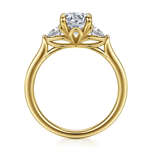 14K Yellow Gold Round Three Stone Lotus Diamond Engagement Ring