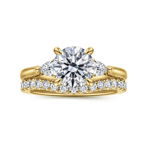 14K Yellow Gold Round Three Stone Lotus Diamond Engagement Ring