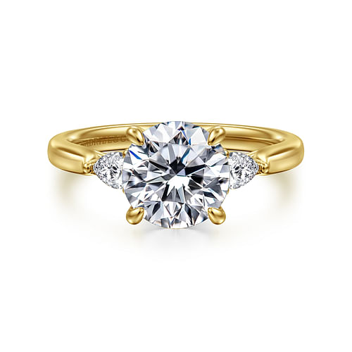 14K Yellow Gold Round Three Stone Lotus Diamond Engagement Ring