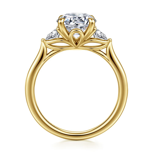 14K Yellow Gold Round Three Stone Lotus Diamond Engagement Ring
