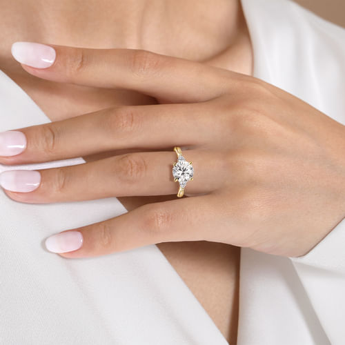 14K Yellow Gold Round Three Stone Lotus Diamond Engagement Ring