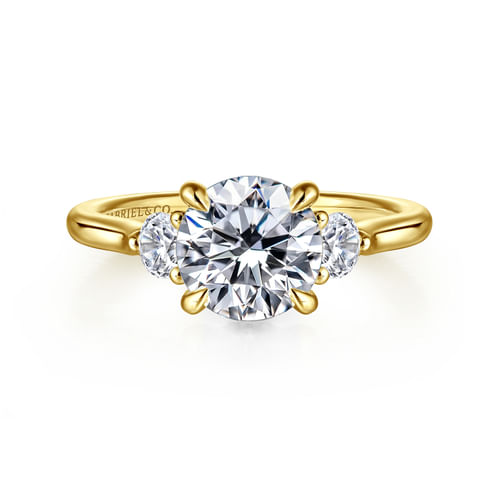 14K Yellow Gold Round Three Stone Lotus Diamond Engagement Ring