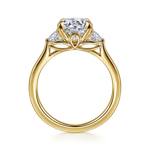 14K Yellow Gold Round Three Stone Lotus Diamond Engagement Ring