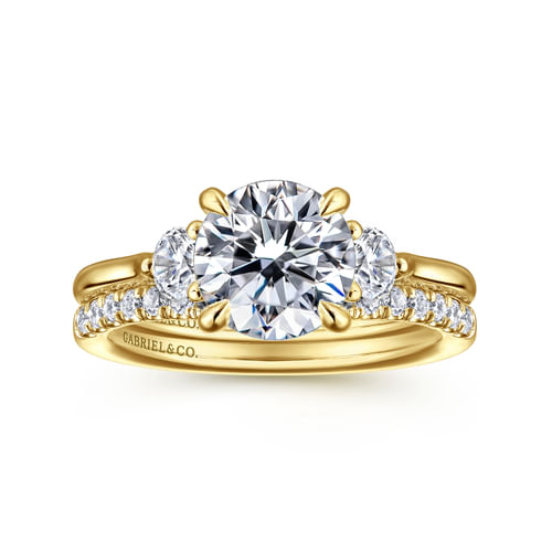 14K Yellow Gold Round Three Stone Lotus Diamond Engagement Ring