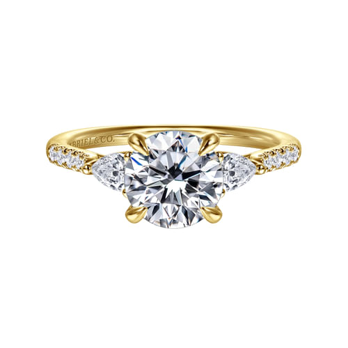 14K Yellow Gold Round Three Stone Lotus Diamond Engagement Ring