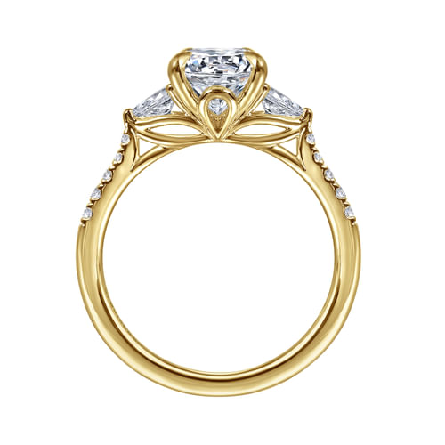 14K Yellow Gold Round Three Stone Lotus Diamond Engagement Ring