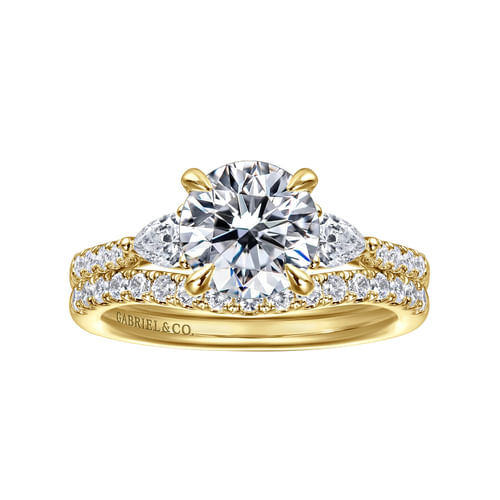 14K Yellow Gold Round Three Stone Lotus Diamond Engagement Ring