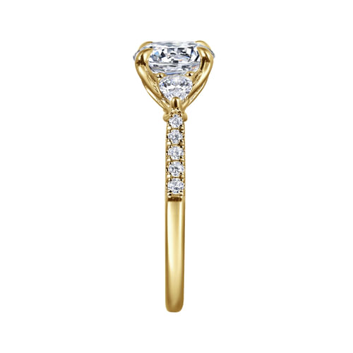 14K Yellow Gold Round Three Stone Lotus Diamond Engagement Ring
