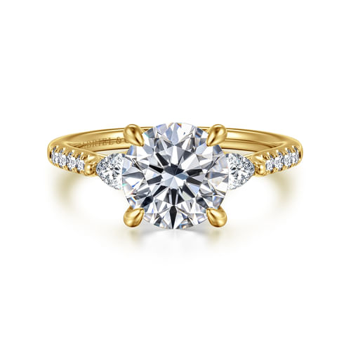 14K Yellow Gold Round Three Stone Lotus Diamond Engagement Ring
