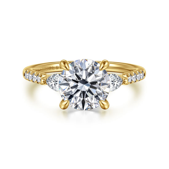 Gabriel - 14K Yellow Gold Round Three Stone Lotus Diamond Engagement Ring