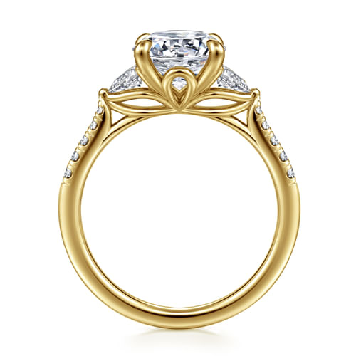 14K Yellow Gold Round Three Stone Lotus Diamond Engagement Ring
