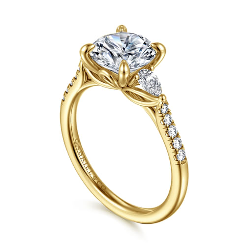 14K Yellow Gold Round Three Stone Lotus Diamond Engagement Ring