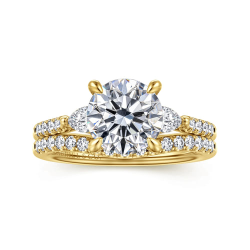 14K Yellow Gold Round Three Stone Lotus Diamond Engagement Ring