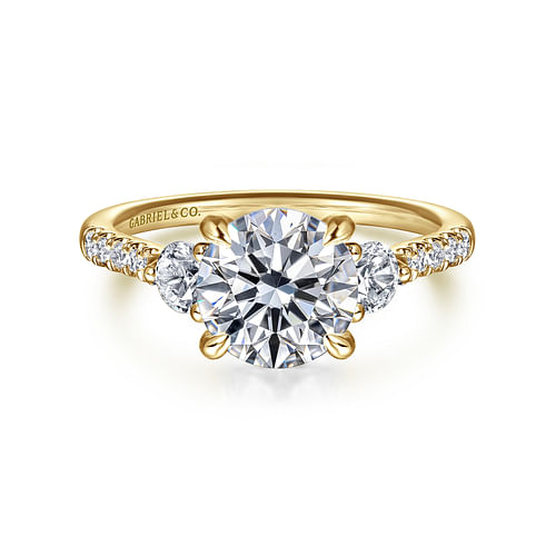 14K Yellow Gold Round Three Stone Lotus Diamond Engagement Ring