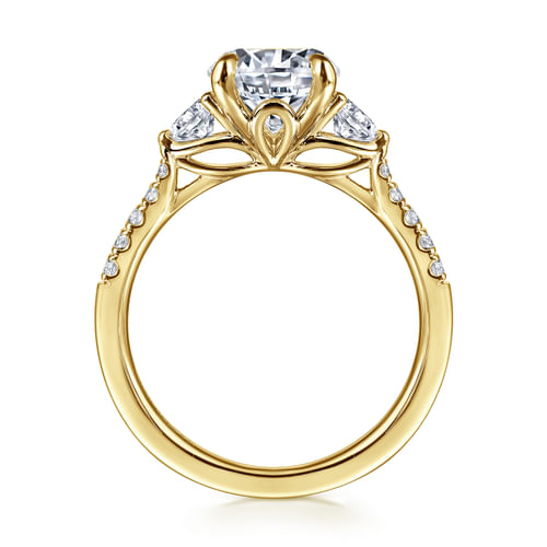 14K Yellow Gold Round Three Stone Lotus Diamond Engagement Ring