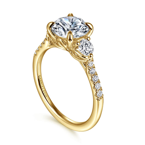 14K Yellow Gold Round Three Stone Lotus Diamond Engagement Ring