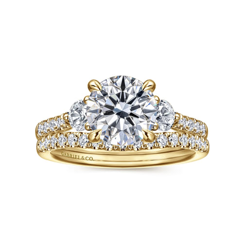14K Yellow Gold Round Three Stone Lotus Diamond Engagement Ring