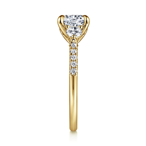 14K Yellow Gold Round Three Stone Lotus Diamond Engagement Ring