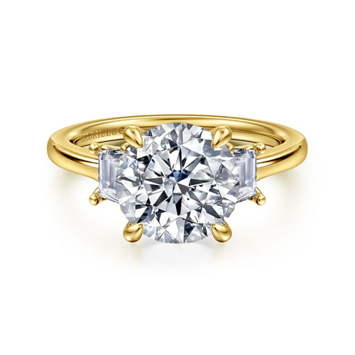 14K Yellow Gold Round Three Stone Lotus Diamond Engagement Ring