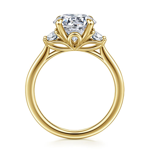 14K Yellow Gold Round Three Stone Lotus Diamond Engagement Ring